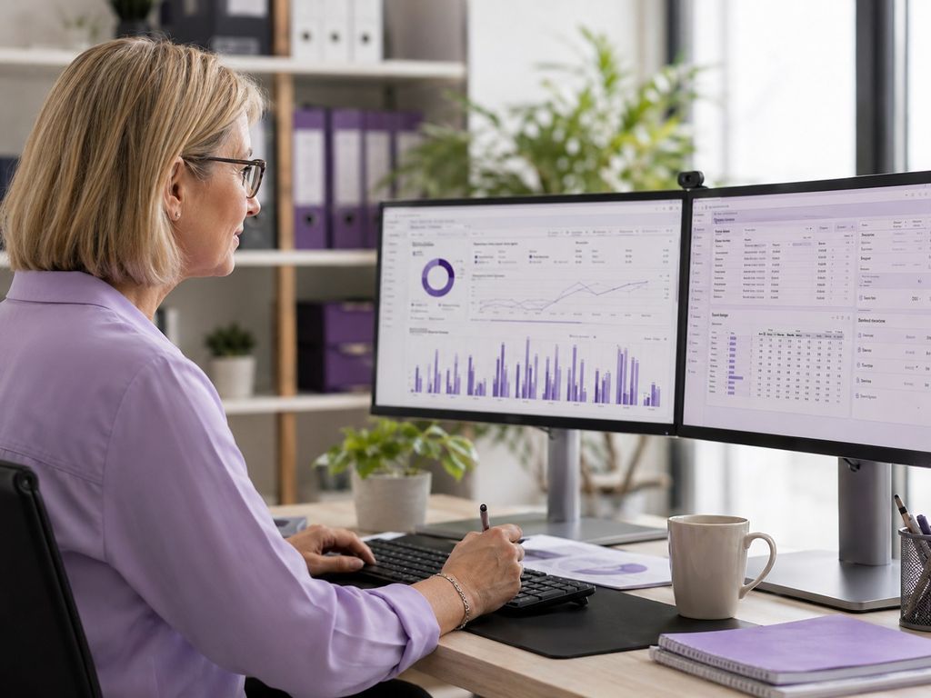 Business owner reviewing MYOB charts and reports across dual monitors